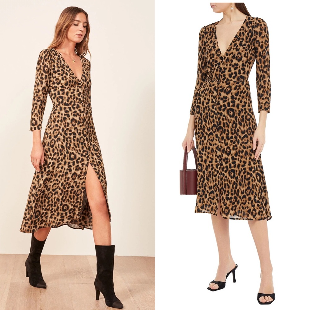 Reformation Alma A-line crepe Midi Dress In Leopard print size 10